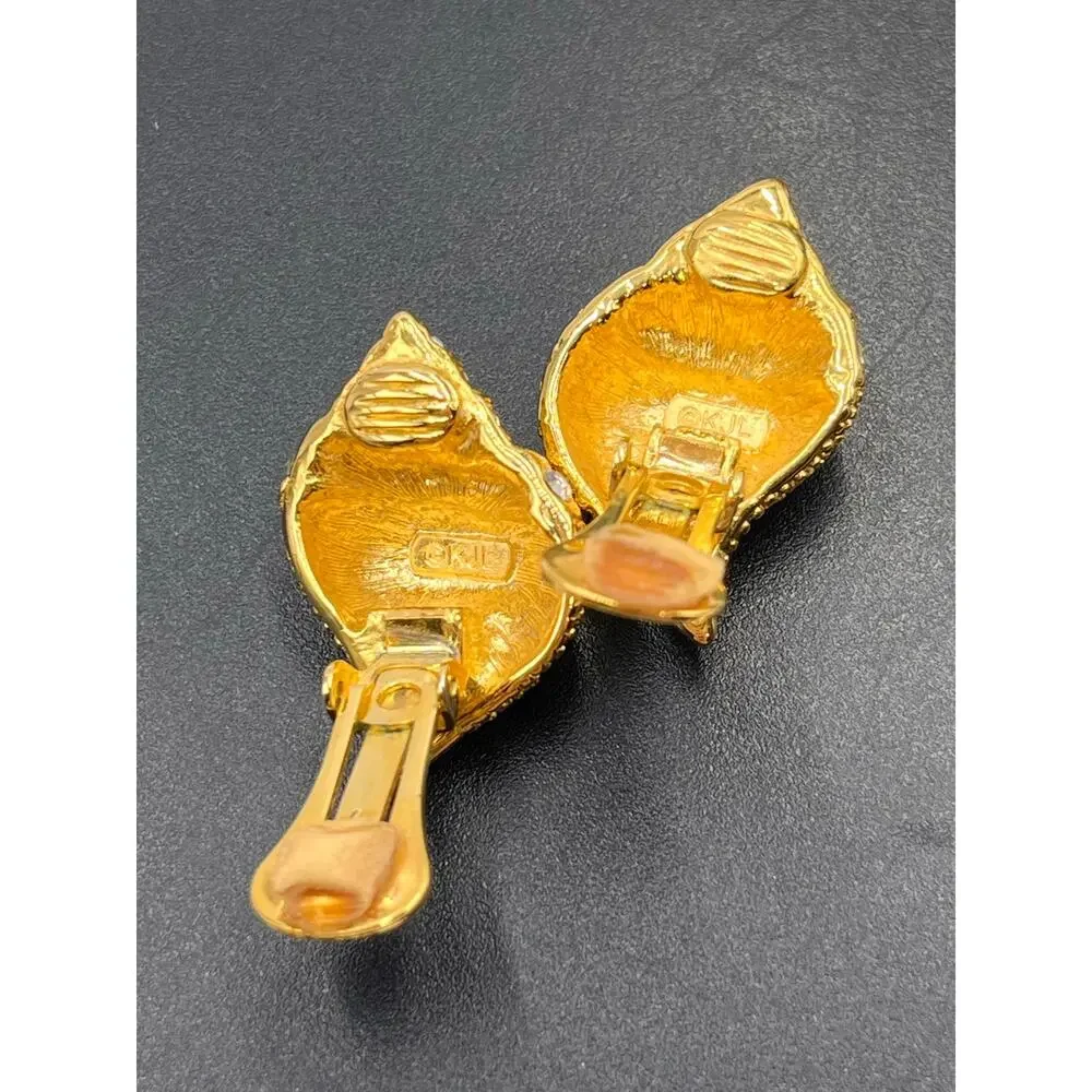Kenneth Jay Lane KJL Vintage‎ Gold Crystal Seashell Crystal Clip On Earrings - Picture 6 of 9